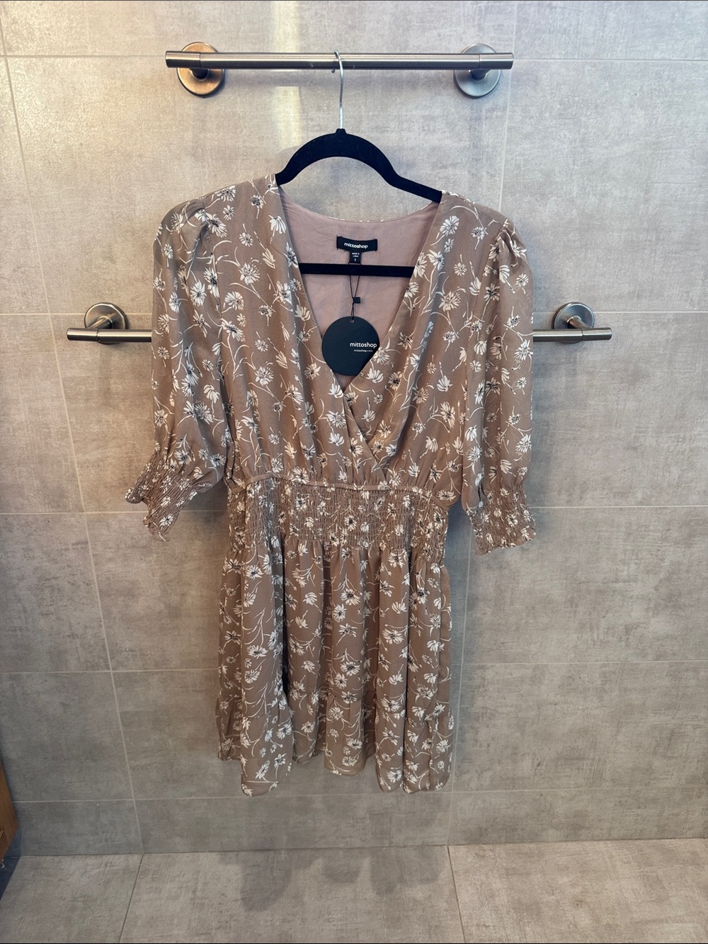 mittoshop Beige Floral V-Neck Smocked Waist Dress